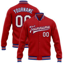 Load image into Gallery viewer, Custom Red White-Royal Bomber Full-Snap Varsity Letterman Jacket