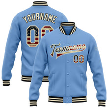 Load image into Gallery viewer, Custom Light Blue Vintage USA Flag Cream-Black Bomber Full-Snap Varsity Letterman Jacket