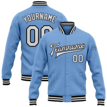 Load image into Gallery viewer, Custom Light Blue White-Black Bomber Full-Snap Varsity Letterman Jacket