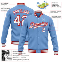 Load image into Gallery viewer, Custom Light Blue White-Red Bomber Full-Snap Varsity Letterman Jacket