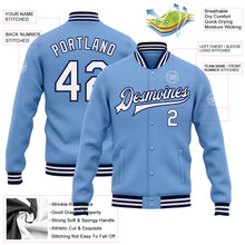 Load image into Gallery viewer, Custom Light Blue White-Navy Bomber Full-Snap Varsity Letterman Jacket