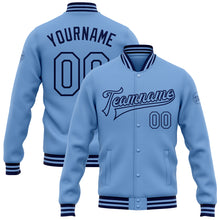 Load image into Gallery viewer, Custom Light Blue Navy Bomber Full-Snap Varsity Letterman Jacket
