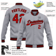 Load image into Gallery viewer, Custom Gray Red-Black Bomber Full-Snap Varsity Letterman Jacket