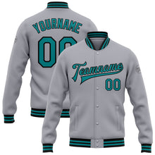 Load image into Gallery viewer, Custom Gray Teal-Black Bomber Full-Snap Varsity Letterman Jacket
