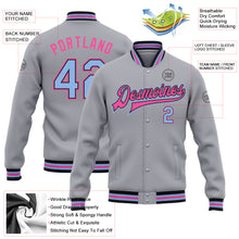 Load image into Gallery viewer, Custom Gray Light Blue Black-Pink Bomber Full-Snap Varsity Letterman Jacket