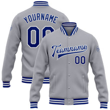 Load image into Gallery viewer, Custom Gray Royal-White Bomber Full-Snap Varsity Letterman Jacket