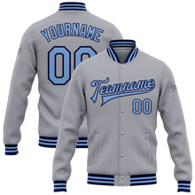 Load image into Gallery viewer, Custom Gray Light Blue-Navy Bomber Full-Snap Varsity Letterman Jacket