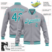 Load image into Gallery viewer, Custom Gray Teal-White Bomber Full-Snap Varsity Letterman Jacket