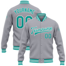 Load image into Gallery viewer, Custom Gray Aqua-White Bomber Full-Snap Varsity Letterman Jacket
