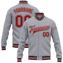 Load image into Gallery viewer, Custom Gray Red-Black Bomber Full-Snap Varsity Letterman Jacket