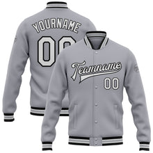 Load image into Gallery viewer, Custom Gray White-Black Bomber Full-Snap Varsity Letterman Jacket