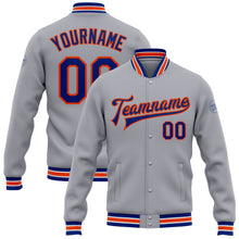 Load image into Gallery viewer, Custom Gray Royal-Orange Bomber Full-Snap Varsity Letterman Jacket