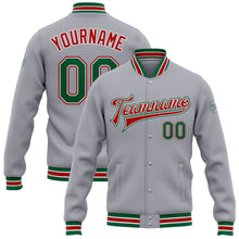 Load image into Gallery viewer, Custom Gray Kelly Green-Red Bomber Full-Snap Varsity Letterman Jacket