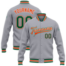 Load image into Gallery viewer, Custom Gray Kelly Green-Orange Bomber Full-Snap Varsity Letterman Jacket
