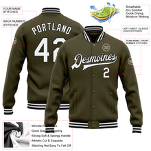 Load image into Gallery viewer, Custom Olive White-Black Bomber Full-Snap Varsity Letterman Salute To Service Jacket