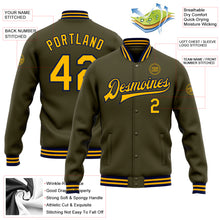 Load image into Gallery viewer, Custom Olive Gold-Navy Bomber Full-Snap Varsity Letterman Salute To Service Jacket