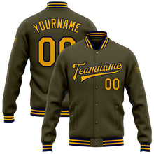 Load image into Gallery viewer, Custom Olive Gold-Navy Bomber Full-Snap Varsity Letterman Salute To Service Jacket