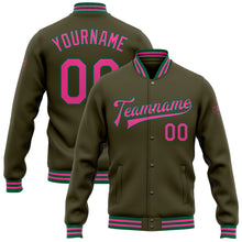 Load image into Gallery viewer, Custom Olive Pink-Kelly Green Bomber Full-Snap Varsity Letterman Salute To Service Jacket