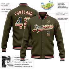 Load image into Gallery viewer, Custom Olive Vintage USA Flag City Cream-Black Bomber Full-Snap Varsity Letterman Salute To Service Jacket