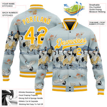 Load image into Gallery viewer, Custom Lakes Blue Gold-White Heron 3D Pattern Design Bomber Full-Snap Varsity Letterman Jacket
