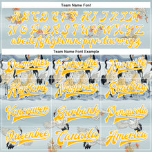 Load image into Gallery viewer, Custom Lakes Blue Gold-White Heron 3D Pattern Design Bomber Full-Snap Varsity Letterman Jacket