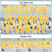 Load image into Gallery viewer, Custom Lakes Blue Gold-White Heron 3D Pattern Design Bomber Full-Snap Varsity Letterman Jacket