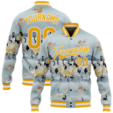 Load image into Gallery viewer, Custom Lakes Blue Gold-White Heron 3D Pattern Design Bomber Full-Snap Varsity Letterman Jacket
