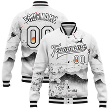 Load image into Gallery viewer, Custom White Black Heron And Flower 3D Pattern Design Bomber Full-Snap Varsity Letterman Jacket