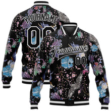 Load image into Gallery viewer, Custom Black White Heron And Flower 3D Pattern Design Bomber Full-Snap Varsity Letterman Jacket