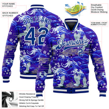 Load image into Gallery viewer, Custom Royal White Heron And Wave 3D Pattern Design Bomber Full-Snap Varsity Letterman Jacket