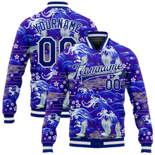 Load image into Gallery viewer, Custom Royal White Heron And Wave 3D Pattern Design Bomber Full-Snap Varsity Letterman Jacket