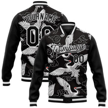 Load image into Gallery viewer, Custom Black White Heron And Cloud 3D Pattern Design Bomber Full-Snap Varsity Letterman Jacket