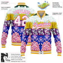 Load image into Gallery viewer, Custom White Pink-Gold Heron 3D Pattern Design Bomber Full-Snap Varsity Letterman Jacket