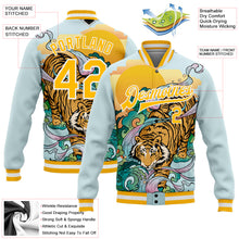 Load image into Gallery viewer, Custom Lakes Blue Gold-White Tiger 3D Pattern Design Bomber Full-Snap Varsity Letterman Jacket