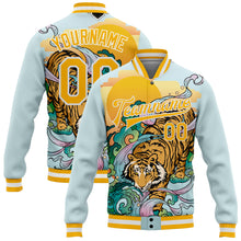 Load image into Gallery viewer, Custom Lakes Blue Gold-White Tiger 3D Pattern Design Bomber Full-Snap Varsity Letterman Jacket