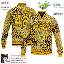 Load image into Gallery viewer, Custom Gold Black Leopard 3D Pattern Design Bomber Full-Snap Varsity Letterman Jacket