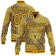 Load image into Gallery viewer, Custom Gold Black Leopard 3D Pattern Design Bomber Full-Snap Varsity Letterman Jacket