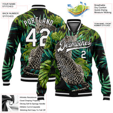 Load image into Gallery viewer, Custom Black White Leopard And Tropical Palm Plants 3D Bomber Full-Snap Varsity Letterman Jacket