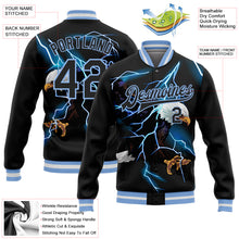 Load image into Gallery viewer, Custom Black Light Blue-White Lightning Eagle 3D Pattern Design Bomber Full-Snap Varsity Letterman Jacket