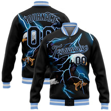 Load image into Gallery viewer, Custom Black Light Blue-White Lightning Eagle 3D Pattern Design Bomber Full-Snap Varsity Letterman Jacket