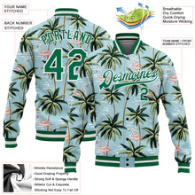 Load image into Gallery viewer, Custom Lakes Blue Kelly Green-White Flamingo And Tropical Hawaii Palm Tree 3DBomber Full-Snap Varsity Letterman Jacket