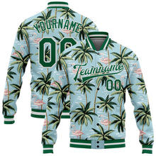 Load image into Gallery viewer, Custom Lakes Blue Kelly Green-White Flamingo And Tropical Hawaii Palm Tree 3DBomber Full-Snap Varsity Letterman Jacket