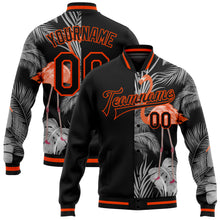 Load image into Gallery viewer, Custom Black Orange-Gray Flamingo And Tropical Hawaii Palm Plants 3D Bomber Full-Snap Varsity Letterman Jacket