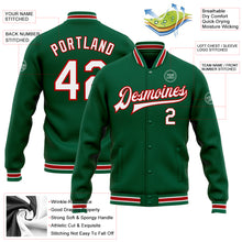 Load image into Gallery viewer, Custom Kelly Green White-Red Bomber Full-Snap Varsity Letterman Jacket