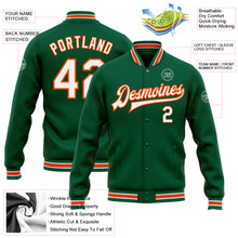 Load image into Gallery viewer, Custom Kelly Green White-Orange Bomber Full-Snap Varsity Letterman Jacket