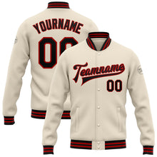 Load image into Gallery viewer, Custom Cream Black-Red Bomber Full-Snap Varsity Letterman Jacket
