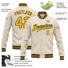 Load image into Gallery viewer, Custom Cream Gold-Black Bomber Full-Snap Varsity Letterman Jacket