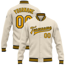 Load image into Gallery viewer, Custom Cream Gold-Black Bomber Full-Snap Varsity Letterman Jacket