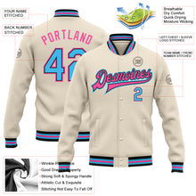 Load image into Gallery viewer, Custom Cream Sky Blue Black-Pink Bomber Full-Snap Varsity Letterman Jacket