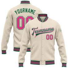 Load image into Gallery viewer, Custom Cream Pink-Kelly Green Bomber Full-Snap Varsity Letterman Jacket